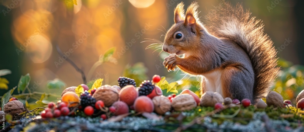 A squirrel sitting atop a stack of various fruits, munching contently on a nut.