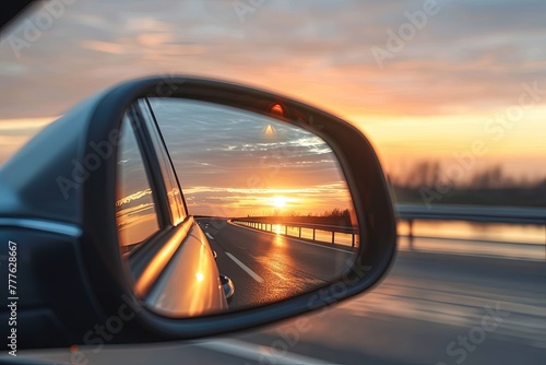 Car's side mirror reflects highway scene at sunset. © Bargais