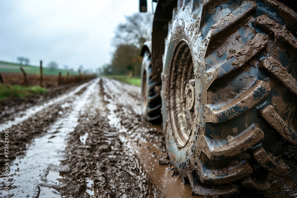 Tractor wheel on muddy field road, close-up.