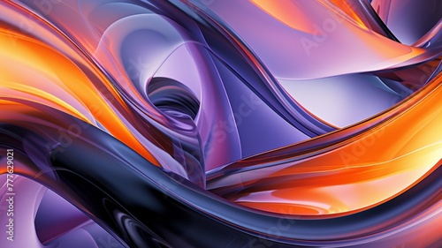Dynamic abstract digital art with swirling forms in vibrant purple, orange, and black hues, conveying energy and movement, ideal for modern design backgrounds.