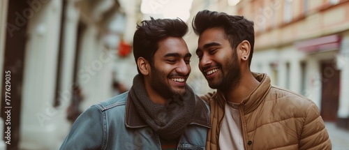 LGBTQ+, Two affectionate men share a happy moment on a city street, conveying love and companionship, ideal for promoting inclusivity or celebrating love and friendship. photo