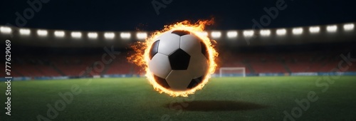 A soccer ball engulfed in flames at the center of a grassy stadium under night lights conveys energy and excitement, apt for sports events like match day.