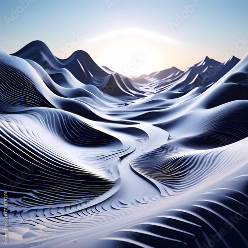 mountain landscape made of black lines  black shiny wave  fictional asphalt world