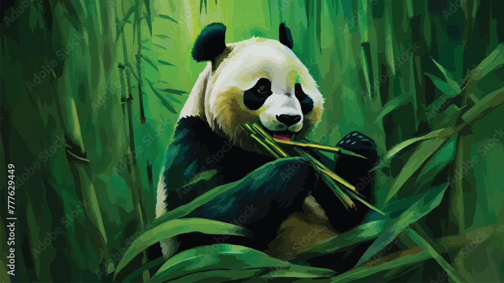 illustration of an abstract painting of a panda eating bamboo in a tropical forest illustration of an abstract painting of a panda eating bamboo in a tropical forest