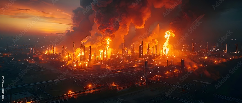 Emergency at large oil refinery due to fire crisis refinery plant incident. Concept Fire Crisis at Oil Refinery, Emergency Response, Industrial Accident, Safety Measures, Plant Incident