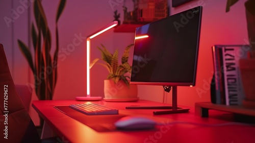 Transform your desk space into a sanctuary of productivity and ease with our intelligent reading light on a bold red desk, a perfect synergy for unparalleled comfort attractive look photo