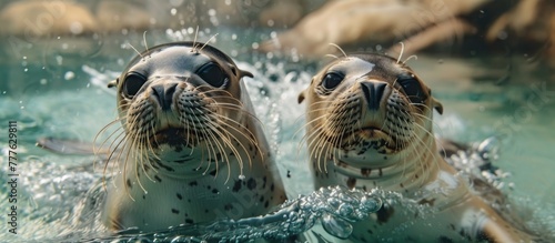 Two seals, part of the seal sanctuary in He, are playfully interacting and splashing around in the water at the zoo. © FryArt Studio