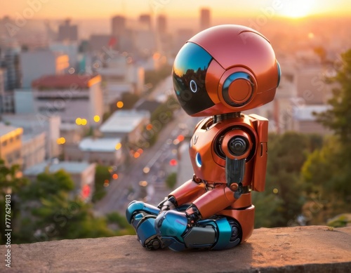 A contemplative robot sits on a ledge, gazing at the city skyline during sunset, embodying a moment of peaceful coexistence with urban life.