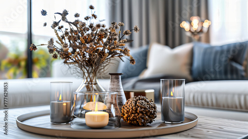 Cozy Winter Home Decor with Wooden Table and Candles, Comfortable Living Room, Christmas Holiday Atmosphere