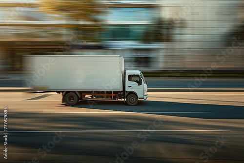 White truck on highway, motion blur. 