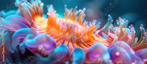 A detailed shot of a vibrant sea anemone displaying a variety of colors in its tentacles under the sea. © FryArt