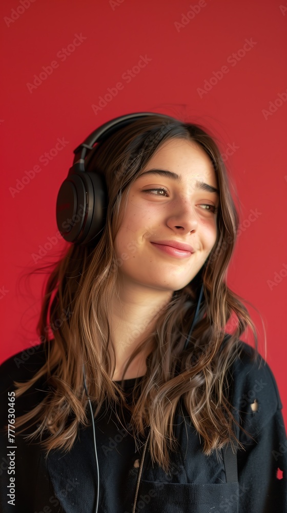 A stunning girl casting a glance sideways, headphones adorning her head, against a minimalist solid-colored background, real photo, stock photography generative ai A stunning girl casting a glance sideways, headphones adorning her head, against a minimalist solid-colored background, real photo, stock photography generative ai