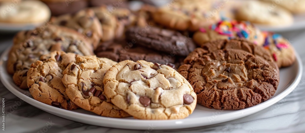Obraz premium A white plate piled high with a variety of cookies, showcasing a tempting array of flavors and textures.
