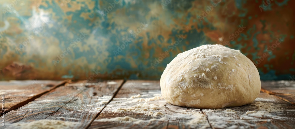 A ball of dough, sourdough, resting on a wooden table surface. A ball of dough, sourdough, resting on a wooden table surface.