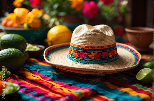 Cinco de Mayo, sombrero rests on a table next to a bowl of green limes