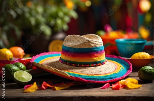 Cinco de Mayo, sombrero rests on a table next to a bowl of green limes © vinbergv
