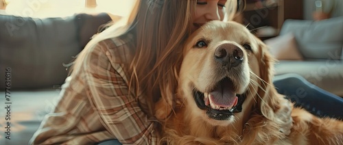 The girl communicates in the apartment of her beloved big golden retriever and talks to him. The dog is looking at the camera.
