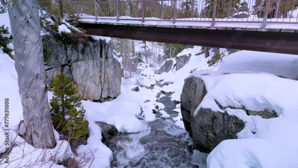 Aerial flyunder Eagle Falls Bridge, Desolation Wilderness, Lake Tahoe, California