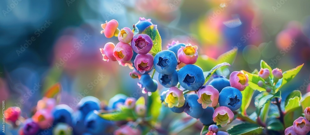 Close-up view of a bunch of vibrant blue flowers blooming on a bush. Close-up view of a bunch of vibrant blue flowers blooming on a bush.