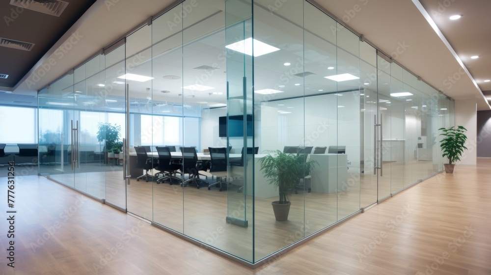 A glass wall and partition create a transparent and modern office space A glass wall and partition create a transparent and modern office space