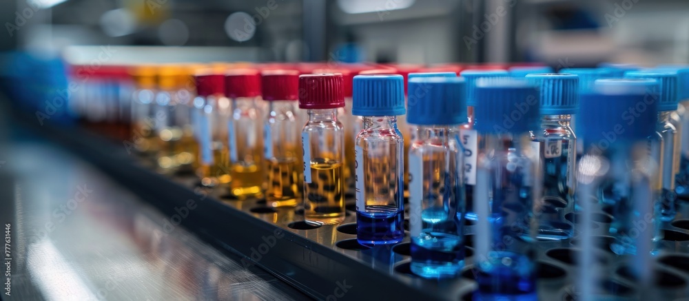 A line of test tubes containing vibrant colored liquids of various hues, each distinct in color and viscosity, neatly arranged in a laboratory setting. A line of test tubes containing vibrant colored liquids of various hues, each distinct in color and viscosity, neatly arranged in a laboratory setting.