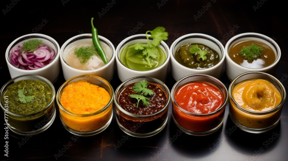 Symmetric presentation showcasing a variety of pickles and chutneys Symmetric presentation showcasing a variety of pickles and chutneys