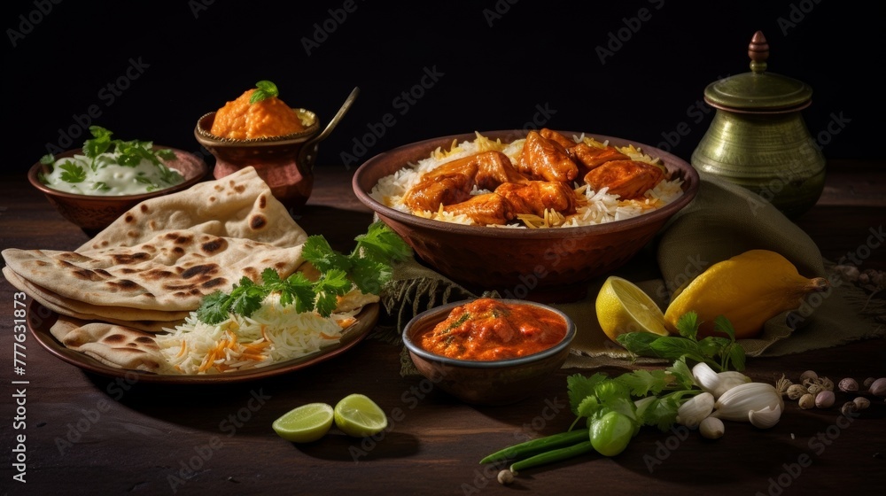 A North Indian dinner with butter chicken, naan, and biryani in a still life setting