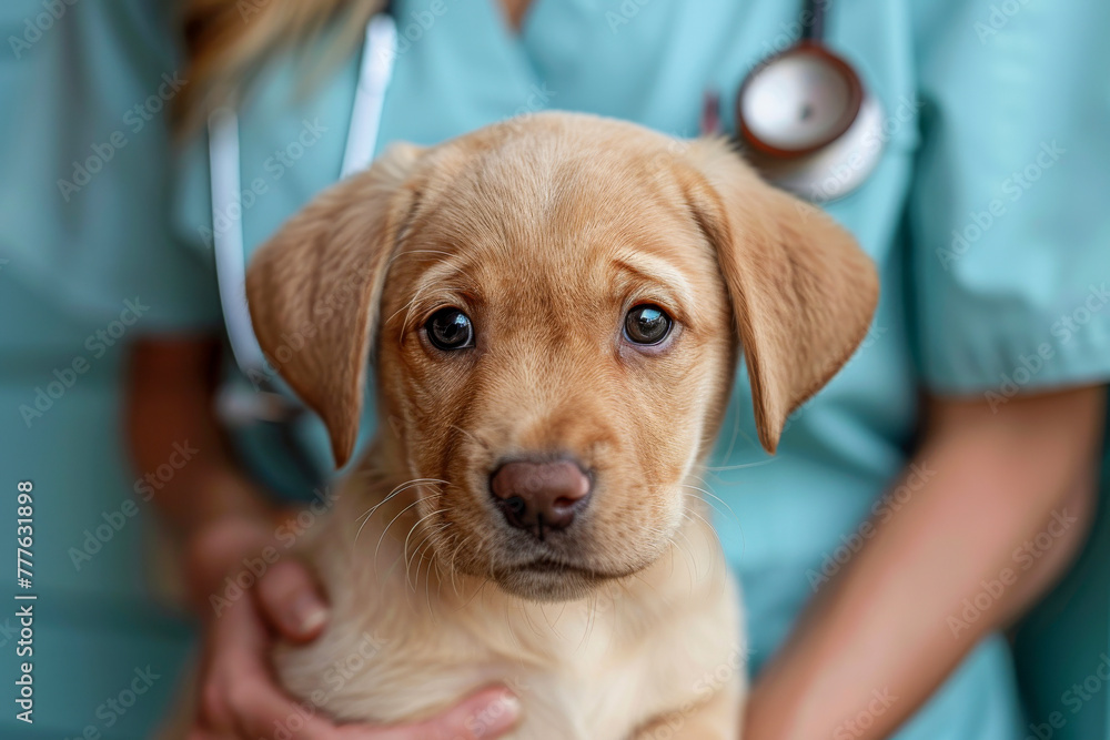 A caring veterinarian in teal scrubs holds a young Labrador puppy, highlighting the compassionate bond between pets and animal doctors.
