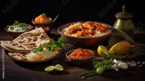 A North Indian dinner with butter chicken, naan, and biryani in a still life setting