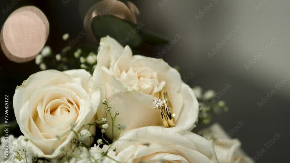 Bouquet of white roses with shiny wedding rings between their petals. wedding details Bouquet of white roses with shiny wedding rings between their petals. wedding details