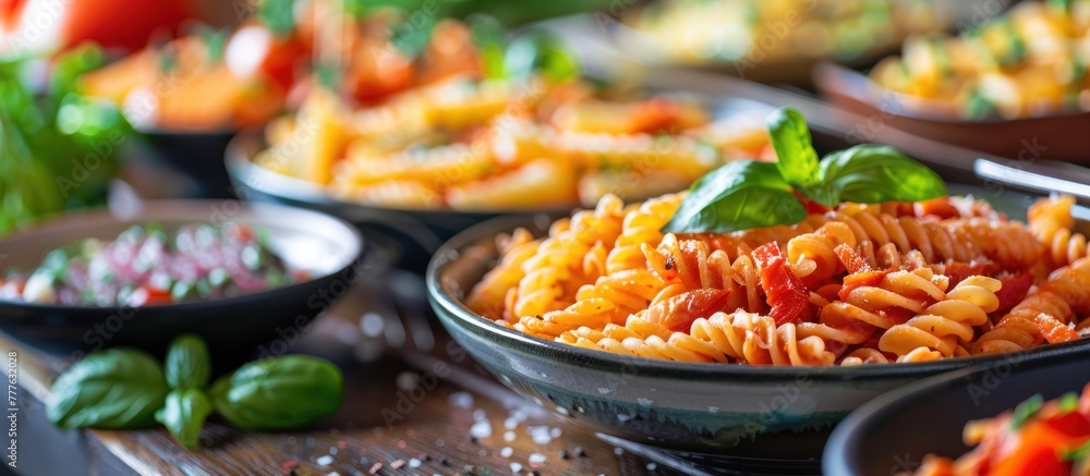 Different types of pasta are displayed in colorful bowls on a table.