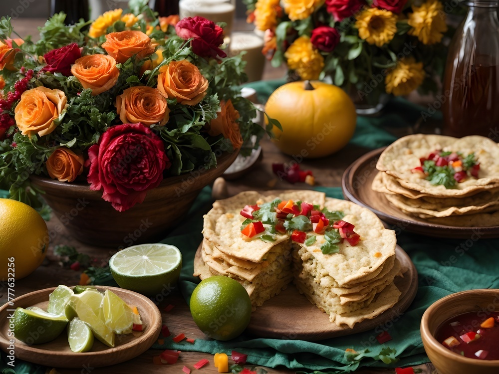 Cinco de Mayo, sombrero rests on a table next to a bowl of green limes Cinco de Mayo, sombrero rests on a table next to a bowl of green limes