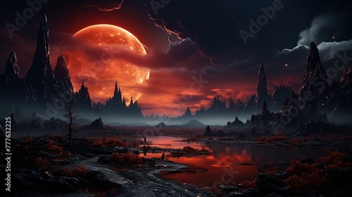 Fantasy landscape with alien planet, moon and lake.