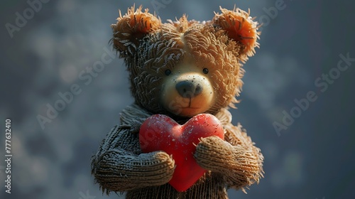 Use AI to create a delightful digital rendering of a dark brown teddy bear clutching a heart, featuring a transparent background attractive look