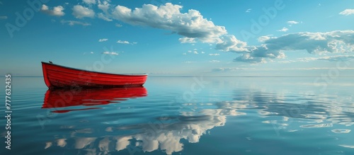 A red boat gracefully floats on a vast expanse of water.