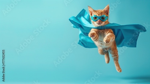 A superhero cat, adorned in a blue cloak and mask, leaps gracefully across a light blue backdrop, evoking a sense of courage and determination, real photo, stock photography  ai generative © SazzadurRahaman