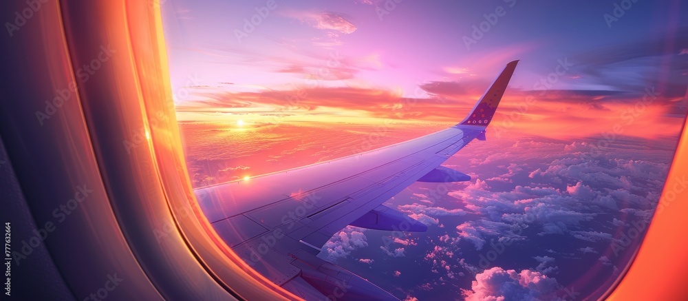 A view of the airplane wing as the sun sets, showcasing the orange glow illuminating the sky and wings metallic surface. A view of the airplane wing as the sun sets, showcasing the orange glow illuminating the sky and wings metallic surface.