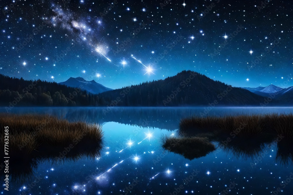Beautiful landscape with lake and mountains at night.