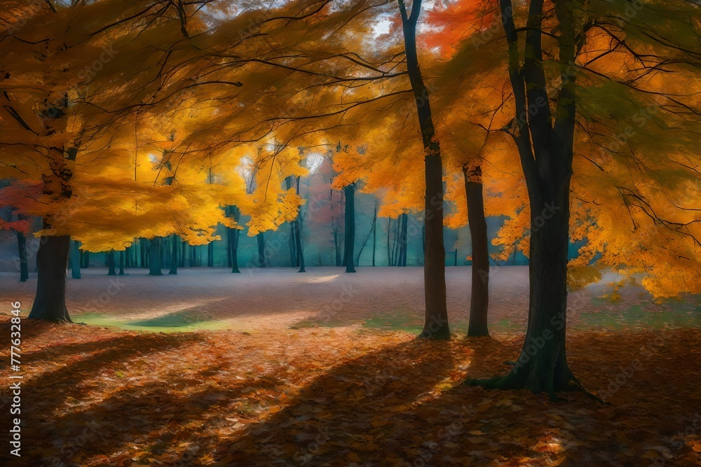 Awesome scene of autumn forest in the morning.