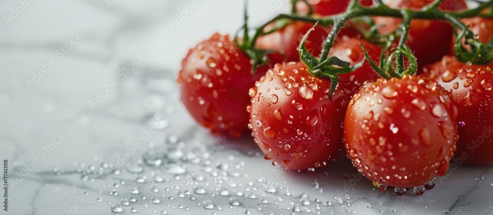 Close-up view of a bunch of ripe tomatoes covered in glistening water droplets.