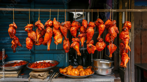 Skewers of Tandoor cooked, Tandoori chicken street food, Indian sub-continent delicacy.