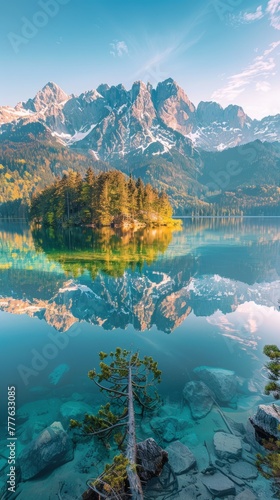 Mountains and islands in the middle of a lake