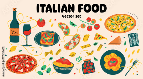 Food vector illustration set in cartoon style. Collection of traditional Italian meal pizza, pasta, bruschetta, olives, cheese, parmigiano, ravioli, glass of wine. Tasty dishes sticker elements