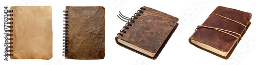 Unveil the charm of vintage and rustic leather-bound notebooks for journaling and sketching cut out on transparent background
