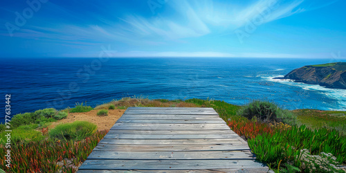 Coastal scene with a wooden platform and a vast blue ocean meeting the sky