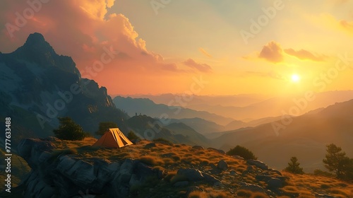 a serene campsite with a tent situated on a mountain ridge, illuminated by the warm colors of the setting sun attractive look
