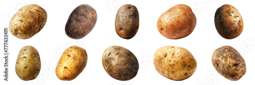 A variety of raw, unpeeled potatoes with natural soil marks cut out on transparent background photo
