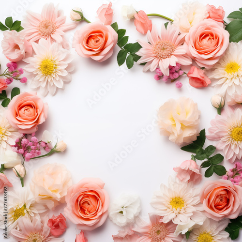 Flowers square composition. Beautiful flowers on white background. Flat lay, top view, copy space, square banner
