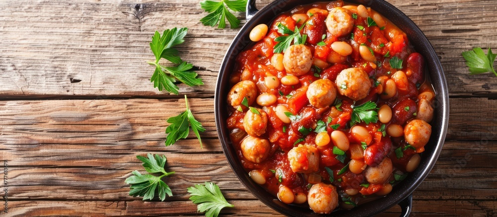A black bowl filled with sausages mixed with beans and topped with fresh parsley on a wooden table. A black bowl filled with sausages mixed with beans and topped with fresh parsley on a wooden table.