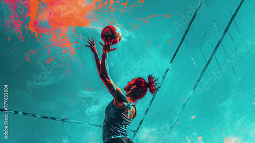 A volleyball player spiking the ball, neon red highlights defining the action, on a vivid turquoise backdrop.
